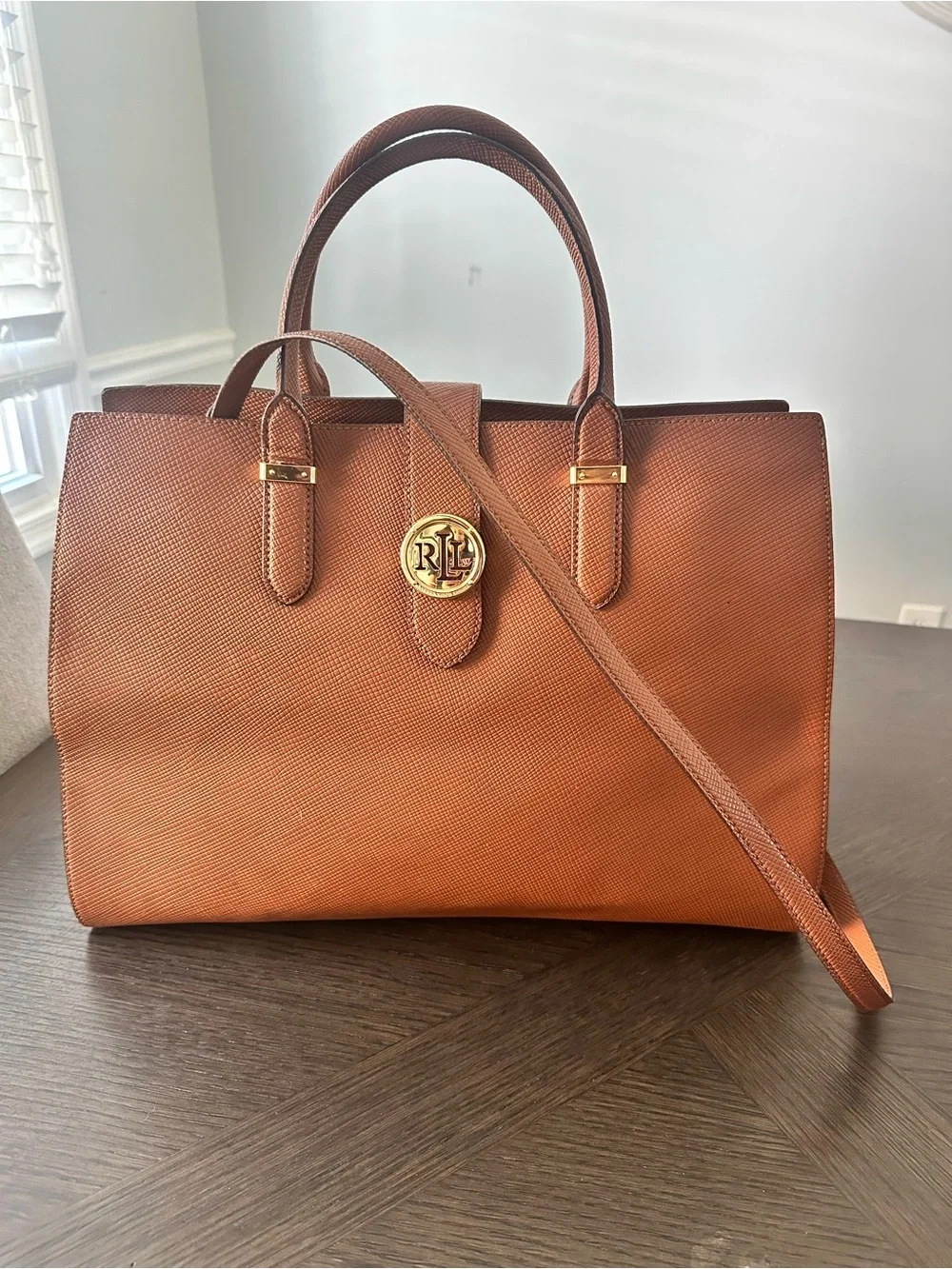Ralph Lauren Cognac Textured Leather Satchel with Gold Logo